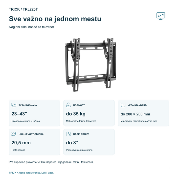 TRICK TRL220T – 23–43 inča, do 35 kg, VESA do 200 × 200 mm i karakteristike