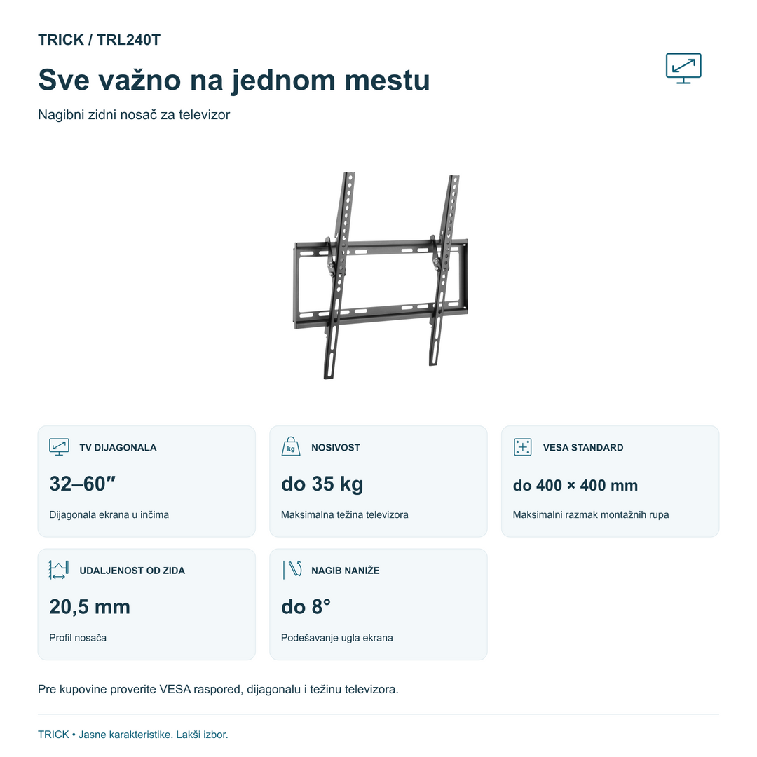 TRICK TRL240T – 32–60 inča, do 35 kg, VESA do 400 × 400 mm i karakteristike