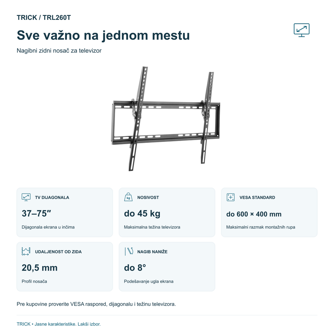 TRICK TRL260T – 37–75 inča, do 45 kg, VESA do 600 × 400 mm i karakteristike