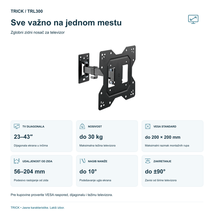 TRICK TRL300 – 23–43 inča, do 30 kg, VESA do 200 × 200 mm i karakteristike