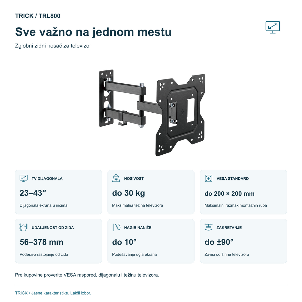TRICK TRL800 – 23–43 inča, do 30 kg, VESA do 200 × 200 mm i karakteristike
