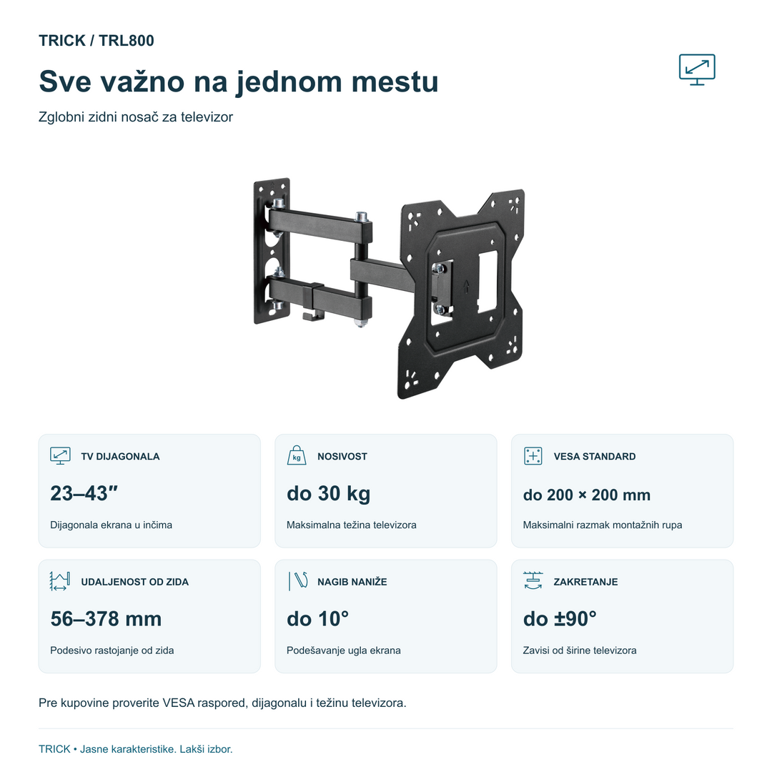 TRICK TRL800 – 23–43 inča, do 30 kg, VESA do 200 × 200 mm i karakteristike