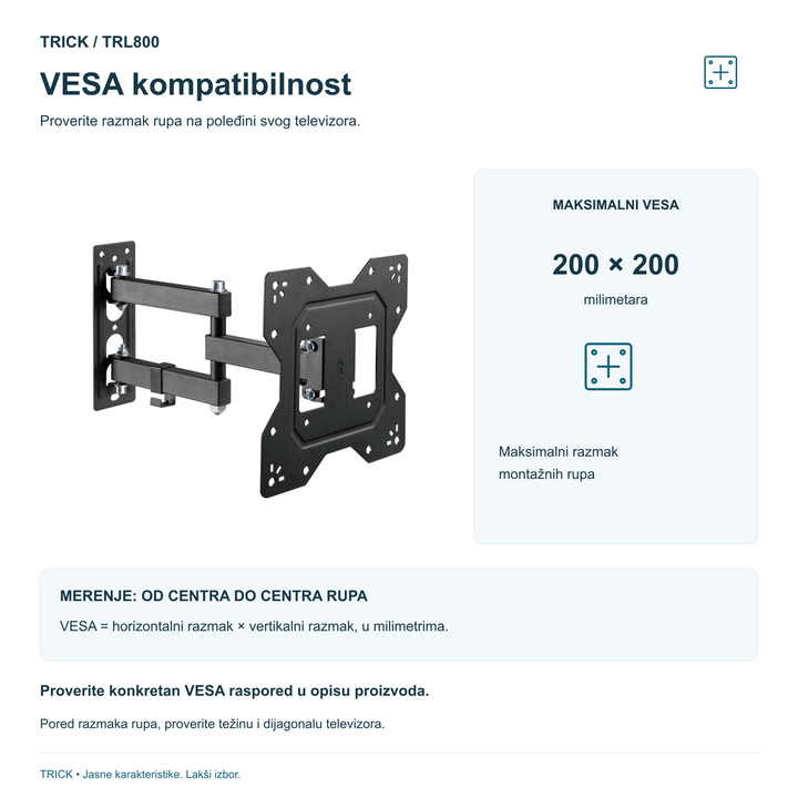 TRICK TRL800 – VESA do 200 × 200 mm i provera razmaka montažnih rupa