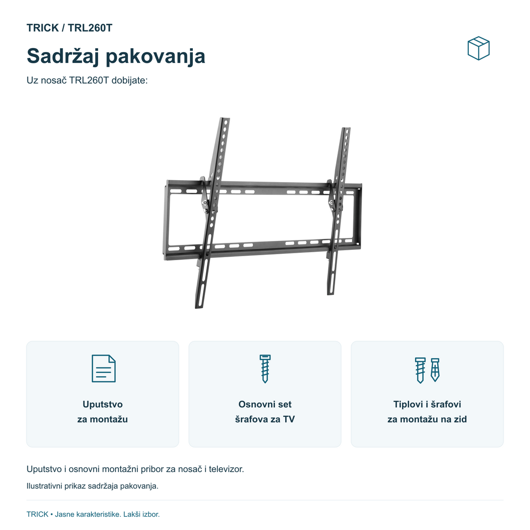 TRICK TRL260T – uputstvo, osnovni šrafovi za TV i tiplovi i šrafovi za zid