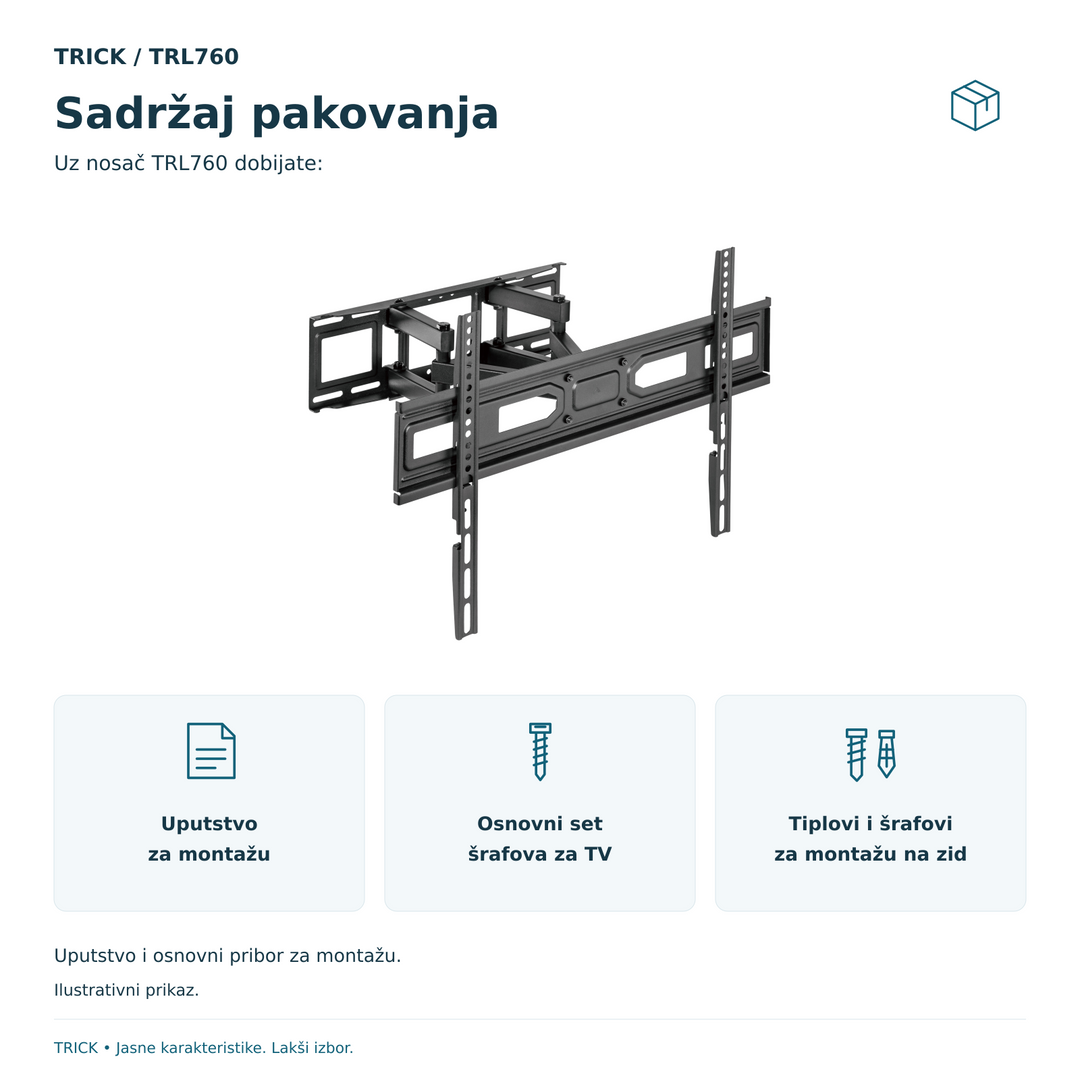 Sadržaj pakovanja TRICK TRL760: uputstvo, osnovni set šrafova za TV i tiplovi sa šrafovima za montažu na zid; stavke su prikazane simbolima.