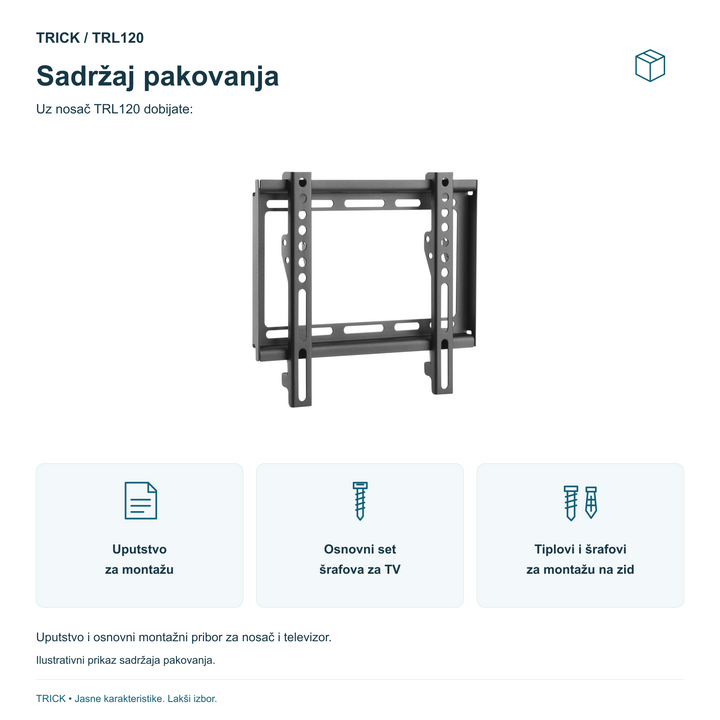 Sadržaj pakovanja TRICK TRL120: uputstvo, osnovni set šrafova za TV i tiplovi sa šrafovima za montažu na zid; prikazano simbolima.