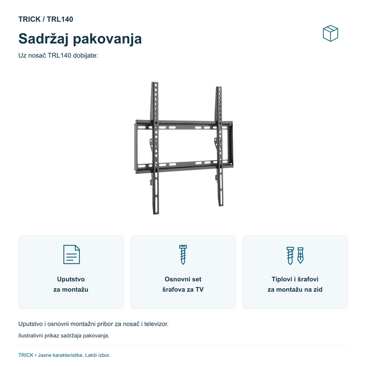 Sadržaj pakovanja TRICK TRL140: uputstvo, osnovni set šrafova za TV i tiplovi sa šrafovima za montažu na zid; prikazano simbolima.