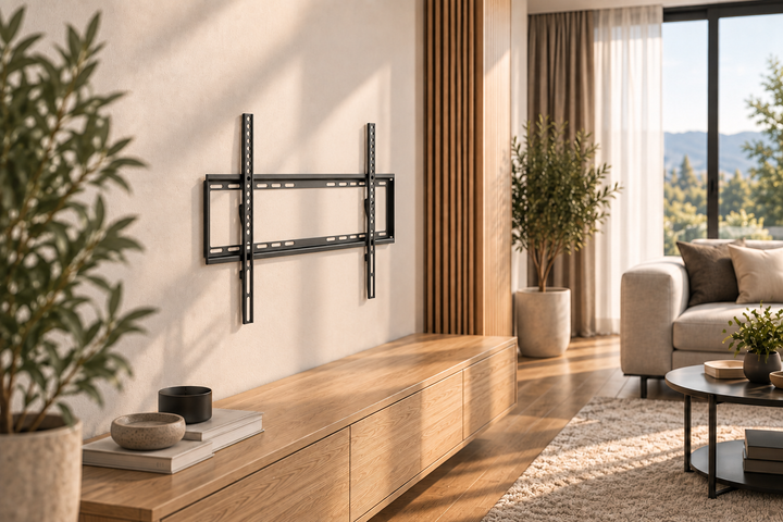 TRICK TRL160 fiksni nosač montiran blizu svetlog zida iznad hrastove komode u toplom, modernom enterijeru.